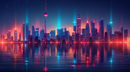 Obraz premium Illustrate a futuristic cityscape with abstract shapes and neon lights, emphasizing innovation and technology in urban environments. Illustration, Image, , Minimalism,