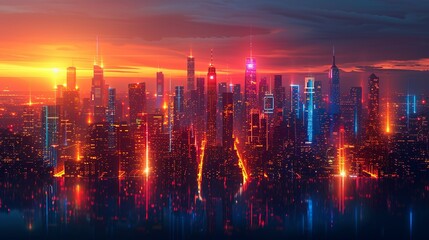 Fototapeta premium Illustrate a futuristic cityscape with abstract shapes and neon lights, emphasizing innovation and technology in urban environments. Illustration, Image, , Minimalism,