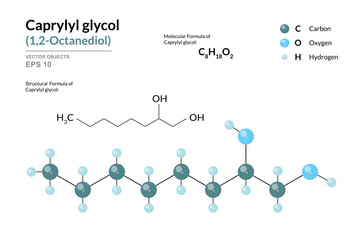 Caprylyl Glycol. 1,2-Octanediol. Structural Chemical Formula and 3d Model of Molecule. C8H18O2. Atoms with Color Coding. Vector graphic for educational materials, scientific articles, presentations