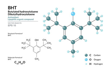 BHT. Dibutyl or Butylated Hydroxytoluene. Structural Chemical Formula and 3d Model of Molecule. C15H24O. Color Coding. Vector Illustration for Educational Materials, Scientific Articles, Presentations