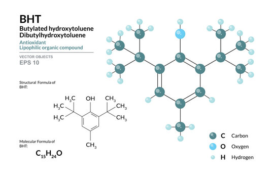 BHT. Dibutyl or Butylated Hydroxytoluene. Structural Chemical Formula and 3d Model of Molecule. C15H24O. Color Coding. Vector Illustration for Educational Materials, Scientific Articles, Presentations