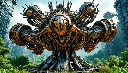 Futuristic Metallic Tree in Urban Landscape.