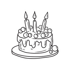 Beautiful tasty birthday cake with three burning candles and glaze balls as decoration in black isolated on white. Hand drawn vector sketch illustration in doodle engraved vintage line art style