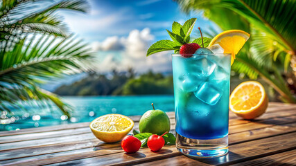 Bright blue lagoon cocktail on a wooden table in a tropical paradise, adorned with fresh citrus slices, cherries, and mint, set against a serene beach, island view and palm trees backdrop.