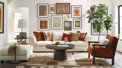 Fototapeta premium A modern living room with an artfully arranged gallery wall.