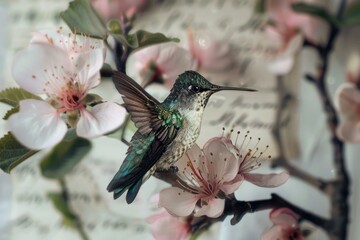 Fototapeta premium Graceful hummingbird hovering among vibrant pink cherry blossoms in a tranquil springtime garden, showcasing the delicate beauty of nature and the important role of pollinators in the ecosystem