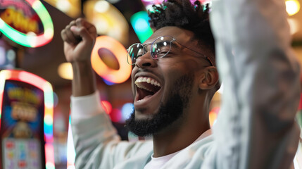 African American Afro young male celebrating a jackpot win at a slot machine