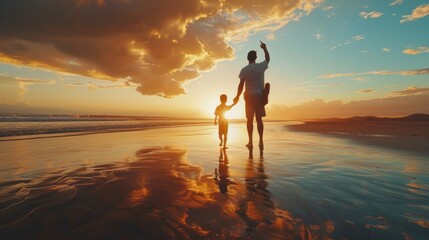 Father and Son Walking on the Beach at Sunset