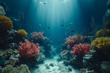 Obraz premium A vibrant underwater scene with colorful coral reef, exotic fish, clear blue water, and diverse marine life. This image is ideal for travel brochures, websites, and environmental campaigns