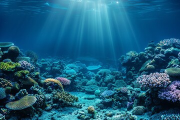 Fototapeta premium Vivid underwater coral reef scene with tropical fish, diverse marine life, and colorful coral formations. Ideal for travel promotions and websites showcasing ocean beauty