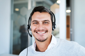 Contact us, portrait and man at call center with smile for customer service, technical support or...