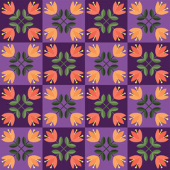 Geometric pattern with floral compositions. Abstract decorative background in flat style with flowers