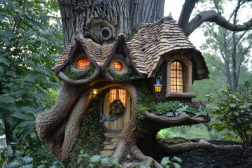 The enchanted treehouse, a fairy tale home in the twilight woodland. Surrounded by lush greenery and magical foliage. Creating a dreamlike and mystical setting for an ecofriendly
