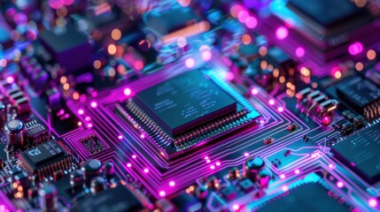 Obraz premium Artistic shot of quantum computing processors with neon lighting