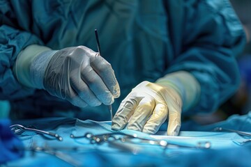 A close-up of a surgeon hands as they perform a delicate hernia repair surgery, highlighting the precision required in this procedure. The surgical instruments are sterile and gleaming under the