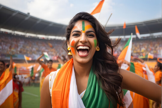 Happy Indian woman supporter with face painted in India flag colors, green white and orange, female fan at a sports event such as cricket or field hockey match, blurry stadium background, copy space 
 - Powered by Adobe