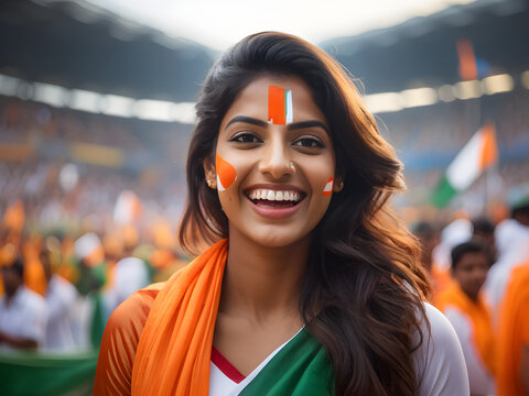 Happy Indian woman supporter with face painted in India flag colors, green white and orange, female fan at a sports event such as cricket or field hockey match, blurry stadium background, copy space 
 - Powered by Adobe