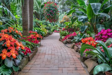 Obraz premium Lush garden pathway with vibrant flowers and tropical plants, creating a colorful and exotic landscape under natural light