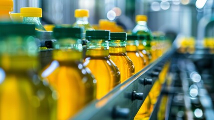 Fototapeta premium Row of Bottles on Assembly Line in Factory