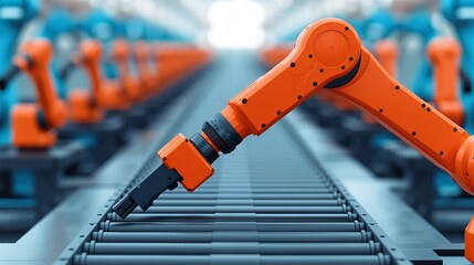 Design an industrial robot assembly line with mechanical precision and futuristic elements, showcasing the efficiency of automated manufacturing processes. Illustration, Image, , Minimalism,