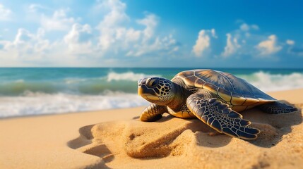 Sea Turtle on Sandy Beach with Blue Sky