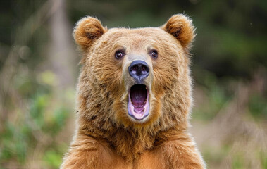 Fototapeta premium A brown bear with its mouth open and eyes wide open