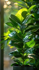 Obraz premium Ficus in pot on window sill with bokeh light.