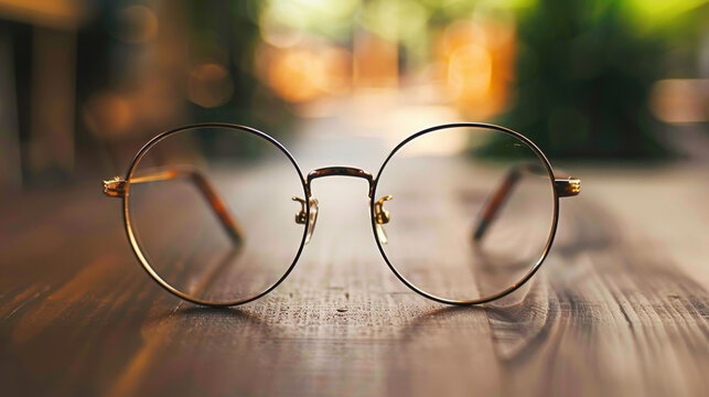 Close-up of round-framed eyeglasses on a wooden desk, with a shallow depth of field.