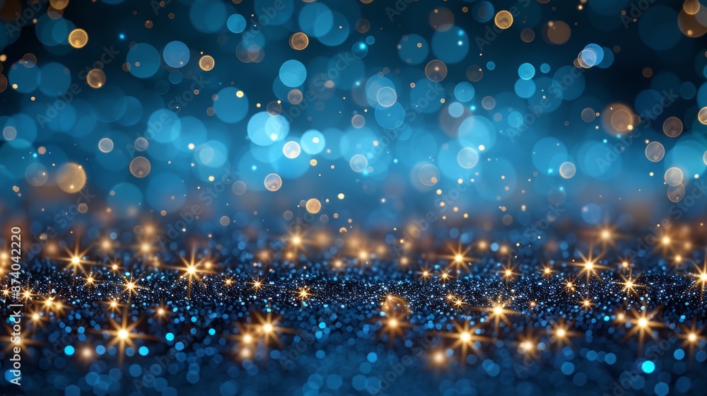 Poster blue and gold glitter sparkle with blurred lights in the background, creating a magical and festive 