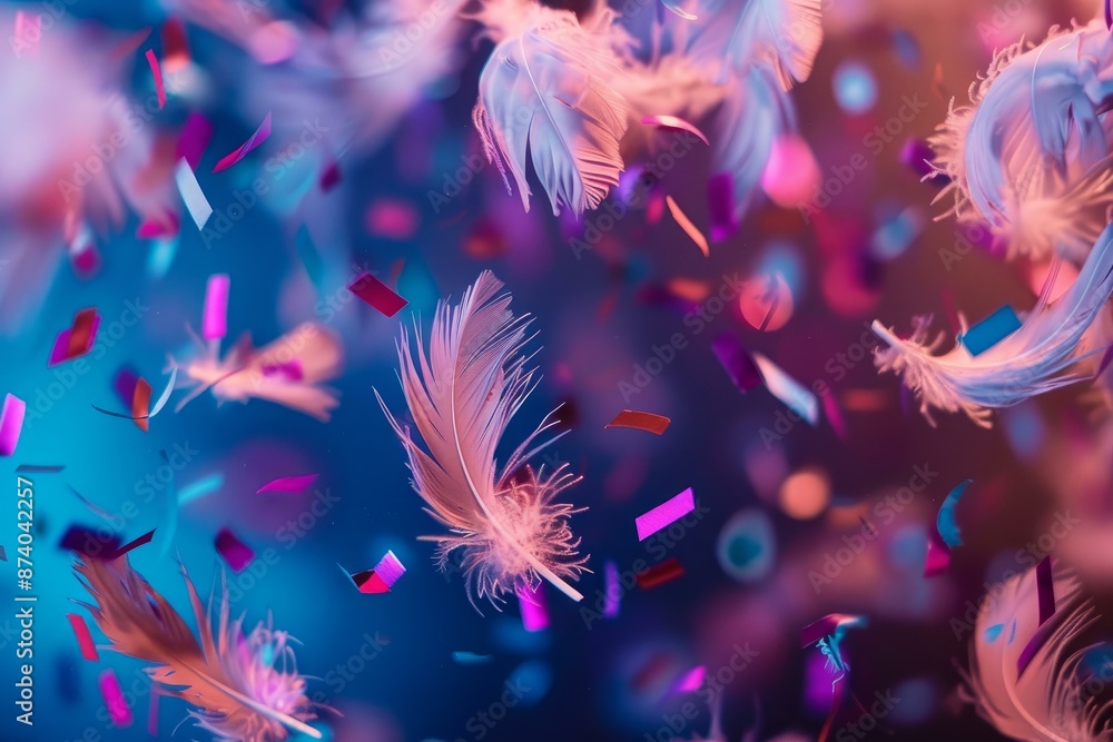 Poster dreamy backdrop with floating feathers and vibrant confetti under soft lighting
