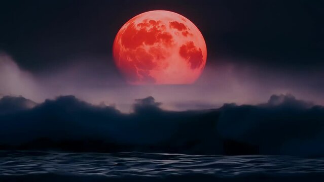 Majestic red moon rising over turbulent ocean waves at night