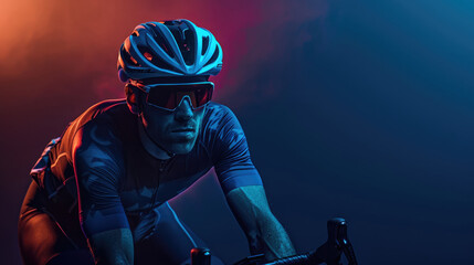 Obraz premium A cyclist riding road bike. He wears black shorts with blue accents on both sides along with an orange jersey