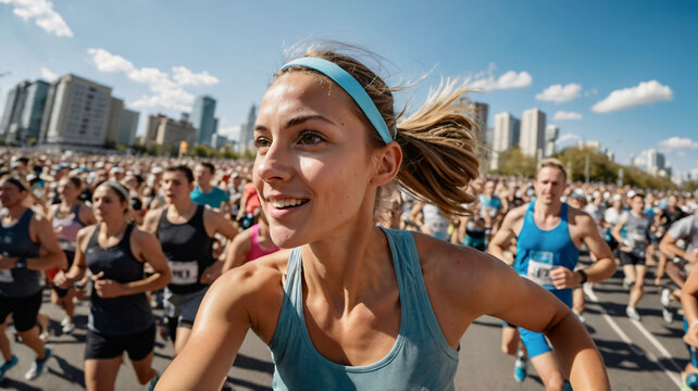 Young woman marathon runner is taking selfie while running with other runners in marathon race competition on the street in the city. Active lifestyle, jogging hobby