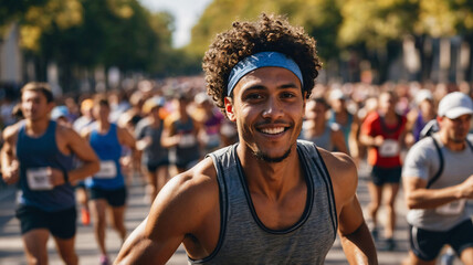 Young black man marathon runner is taking selfie while running with other runners in marathon race competition on the street in the city. Active lifestyle, jogging hobby