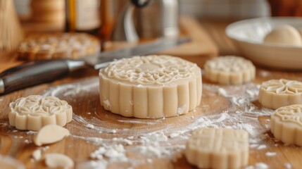 Traditional Mooncake Mold with Dough Captured from Close-Up Angle for Culinary Art Advertising