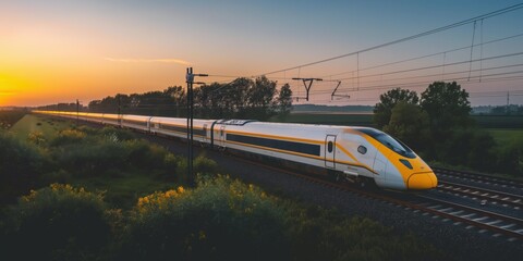 A modern high speed train in motion in Europe. Public transport and travel concept.