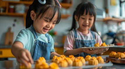 Fototapeta premium Children Making Mooncakes Viewed from Side Angle for Family Activity Promotion