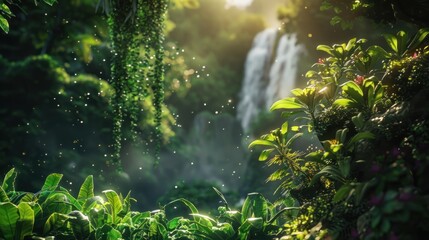 Fototapeta premium Sunlight Through Lush Foliage Revealing a Waterfall