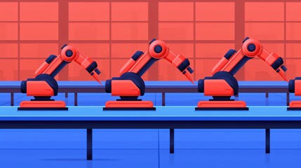 Design an industrial robot assembly line with mechanical precision and futuristic elements, showcasing the efficiency of automated manufacturing processes. Illustration, Image, , Minimalism,