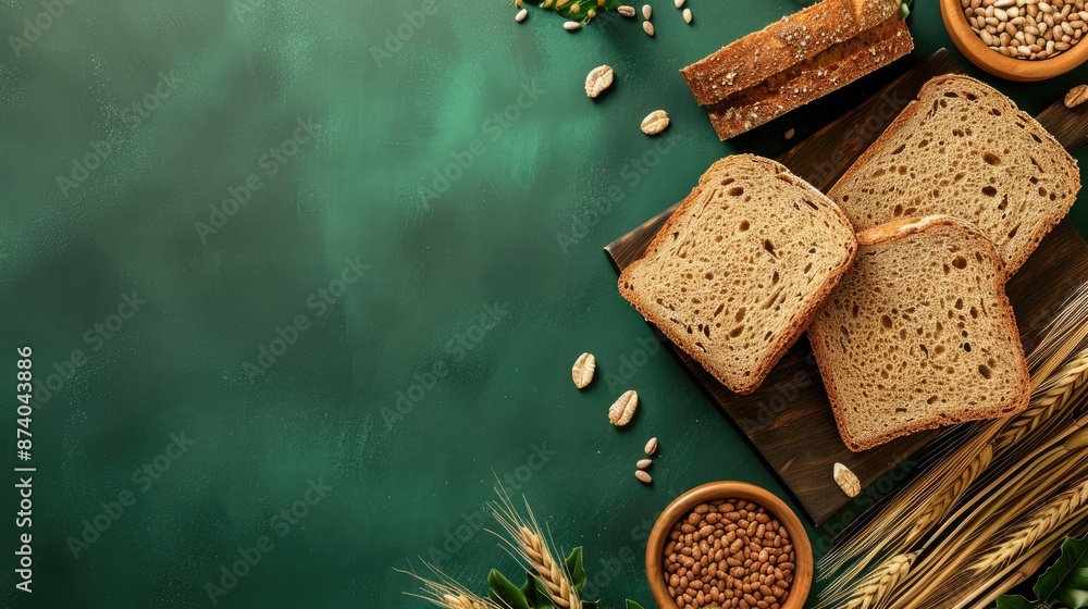 Poster wheat bread and leaves on green table top down view with space for text