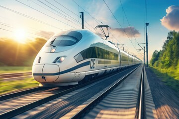 Fototapeta premium A modern high speed train in motion in Europe. Public transport and travel concept.
