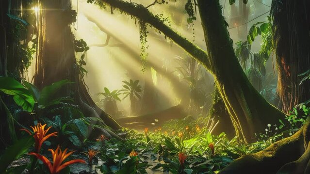 Scenery inside the amazon forest, 4K virtual video animation background loops infinitely