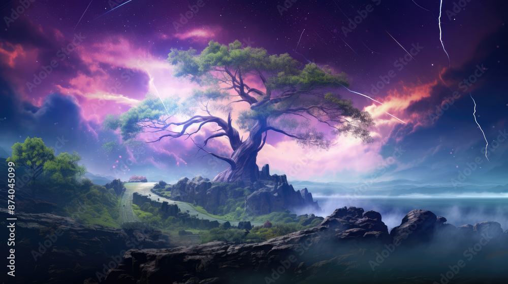 Wall mural fantasy landscape with tree, lightning and aurora borealis., generative ai
