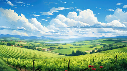 Naklejka premium Landscape of vineyard in green hills and blue sky with clouds., generative ai