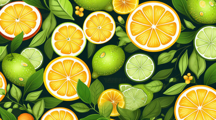 Citrus background with orange, seamless pattern, lime and lemon slices. illustration., generative ai