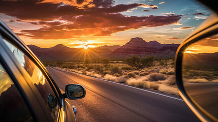 Road in the desert at sunset, Arizona, United States of America., generative ai