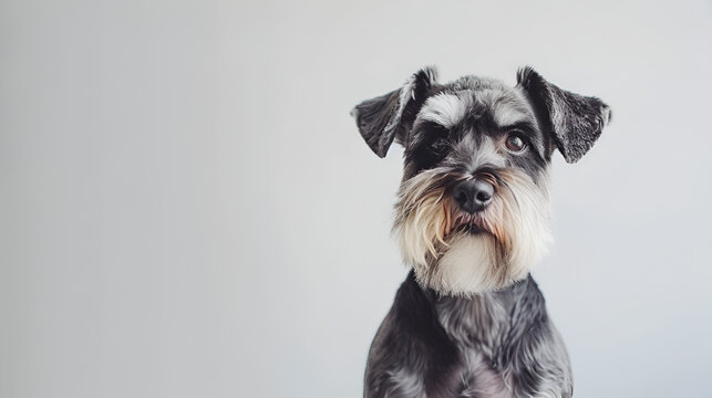 Small black and white miniature schnauzer dog space for text