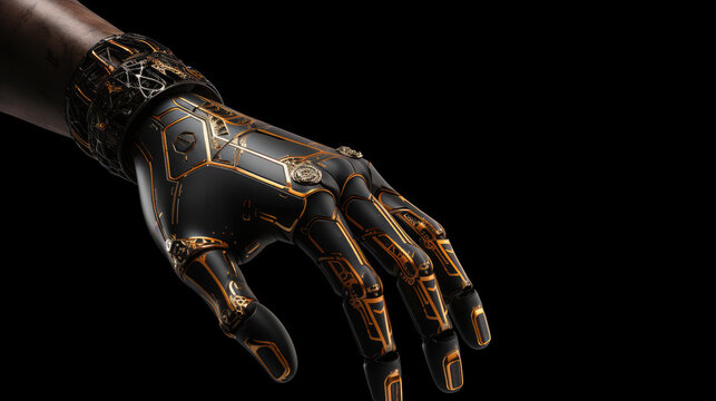 robotic hand on a black background with vignette., generative ai - Powered by Adobe