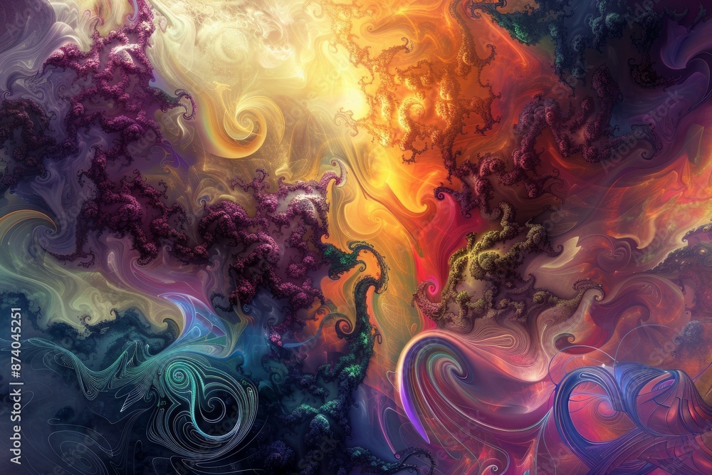 Poster colorful and vibrant abstract fractal art with intricate patterns and dynamic swirls, perfect for di