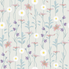 Meadow flowers seamless pattern with hand drawn vector illustrations. Botanical rustic background. Nature illustration for wrapping paper, textiles, decorations.